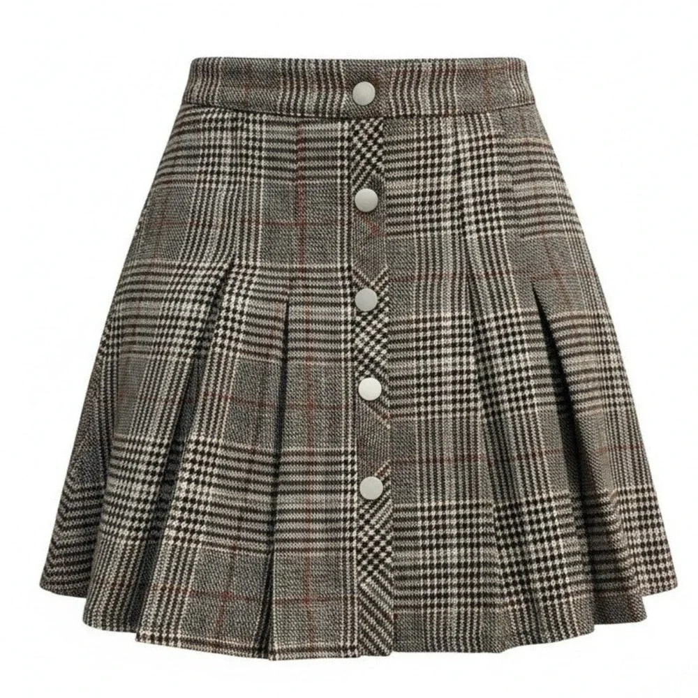 New XS Plaid Thick Knit Pleated Mini Skirt Button Front Glen Check Brown Grey - Picture 1 of 4